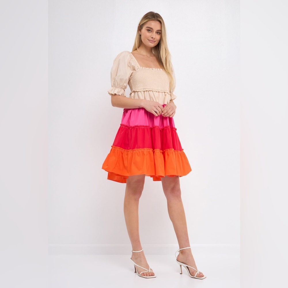 ENGLISH FACTORY Colorblock Smocked Puff Sleeve Mini